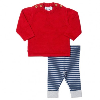 Πλεκτό σετ μπλουζάκι κόκκινο με αστέρι και παντελονάκι μπλε ριγέ από οργανικό βαμβάκι- Kite